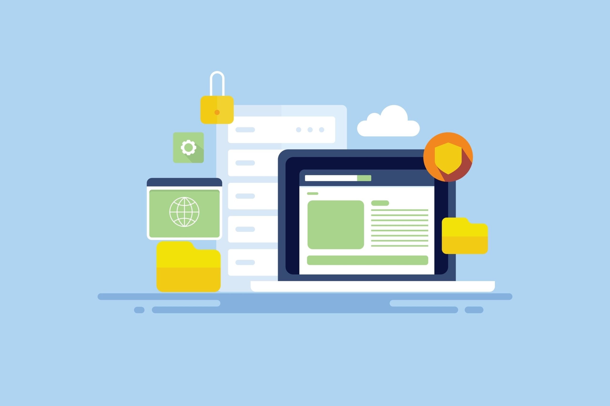 Illustration of web hosting servers and website dashboard
